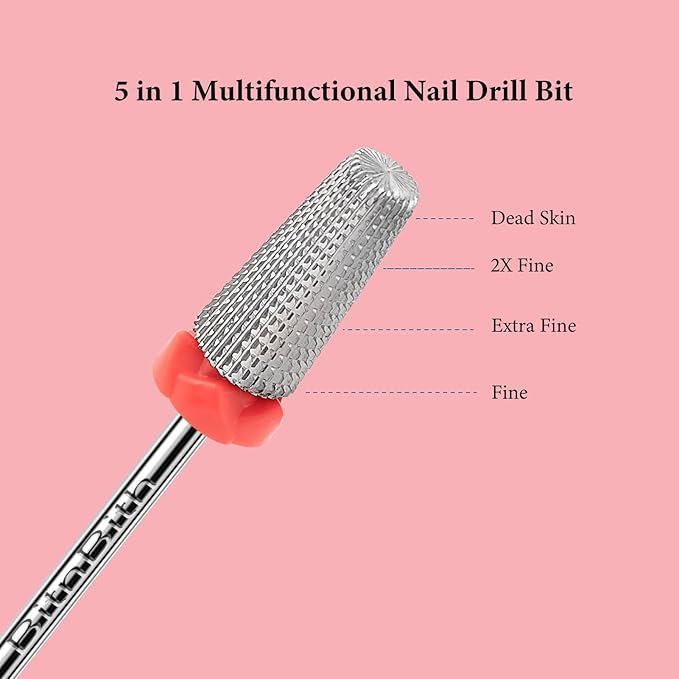 5 in 1 Nail Drill Bits, 3/32”Professional Carbide Drill Bits for Nails Multifunction Art Bit, Fast Remove Acrylic Hard Gel Cuticle Nail Efile Bit Manicure Pedicure,Two Way Rotate,Fine