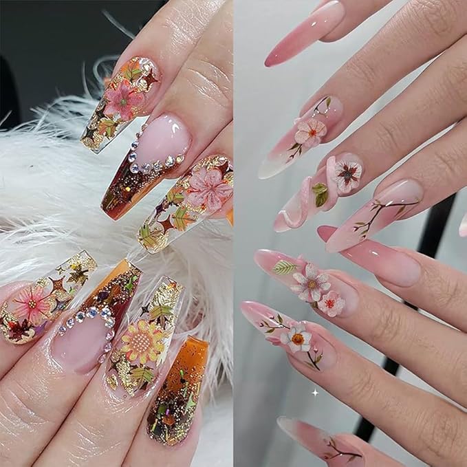 600Pcs 3D Flower Nail Art Charms Sequins Decals Colorful Mixed Daisies Flowers Leaves Design Slice Nail Flowers Ultra Wood Pulp Flakes Sequins 5