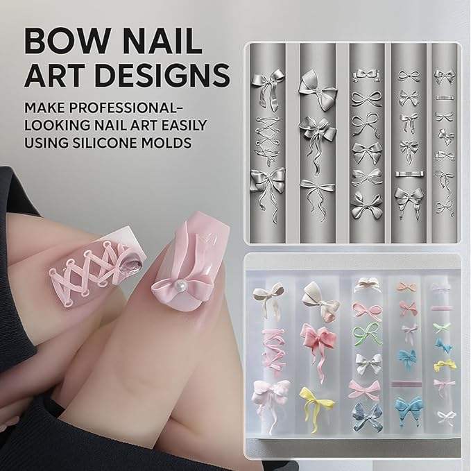 2 Pcs Bow Silicone Nail Art Molds for Women Resin Nail Design