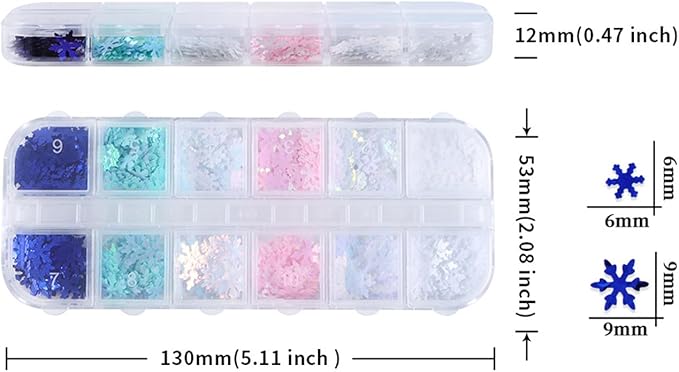 12 Grids Christmas Nail Art Glitter Sequins 3D Holographic Winter Snowflake Nail Art Glitter Flakes White Blue Pink Green Snowflake Designs Xmas Nail Decorations for Acrylic Nails Supplies
