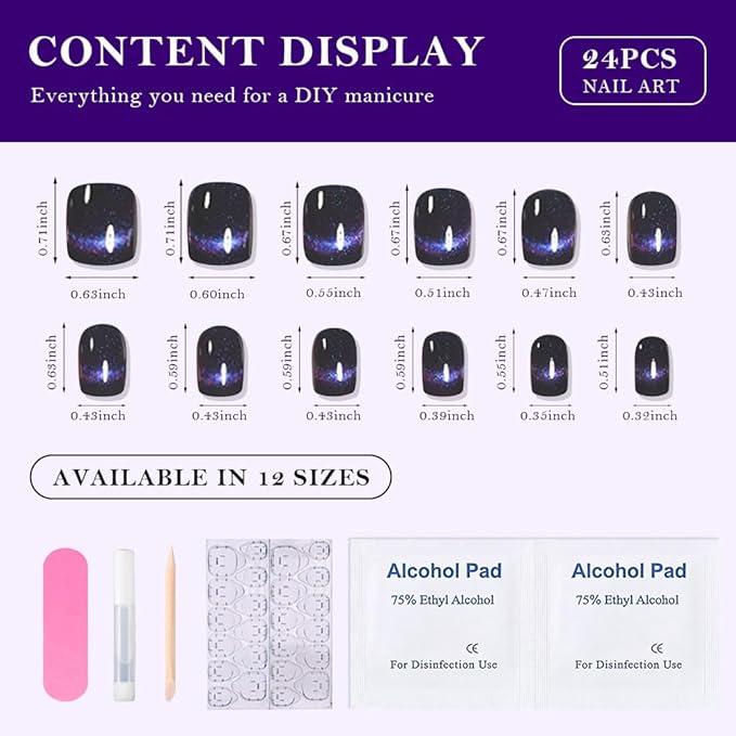evpct Dark Blue Cat Eye Extra Short Press on Nails Square, Petite Short Square Glue on Nails for Women Gift, Smile Purple Metallic Glitter Glossy Reusable Gel Press on Acrylic Fake Nail with Designs