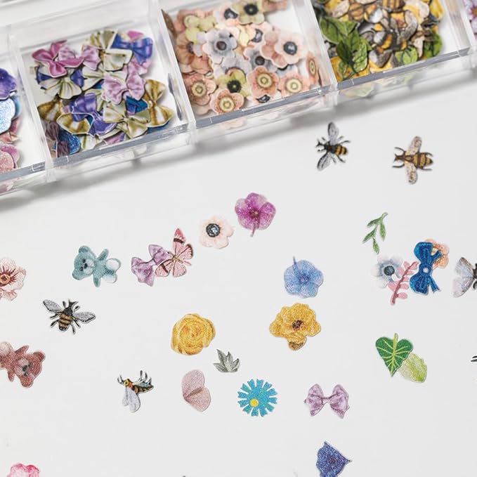 600Pcs 3D Flower Nail Art Charms Bee Bear Sequins Decals Colorful Mixed Bows Letters Design Slice Nail Maple Leaves Ultra Wood Pulp Flakes Sequins 4