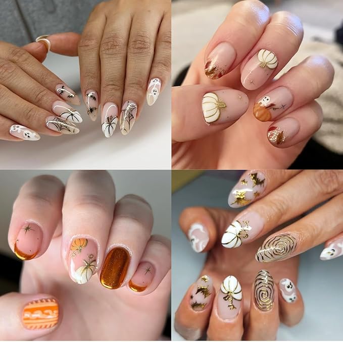 5Pcs Fall Nail Art Stickers Gold Sliver Pumpkin Maple Leaf Nails Decals 3D Self Adhesive Glitter Ghost Spider Web Spider Design Halloween Nail Stickers Holiday Nails Supplies for Women Salon Manicure
