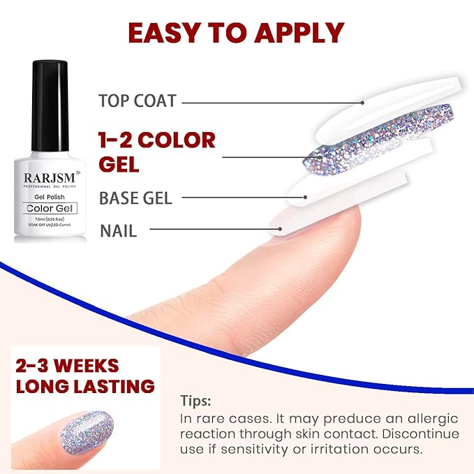 RARJSM Glitter Gel Nail Polish Set of 6 Colors Diamond Silver Sparkly Holographic Champagne Gold Iridescent Red Chunky Pigments Gel Polish Soak off Led UV Curing Required for Nail Salon Manicure