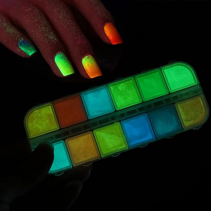 12 Colors Luminous Pigment Nail Powder Holographic Night Fluorescent Pigments Dust Nail Art Design Glow Nail Powders Gradient Iridescent Nail Glitters Supplies for Nail Art Gel Polish Dipping Powder
