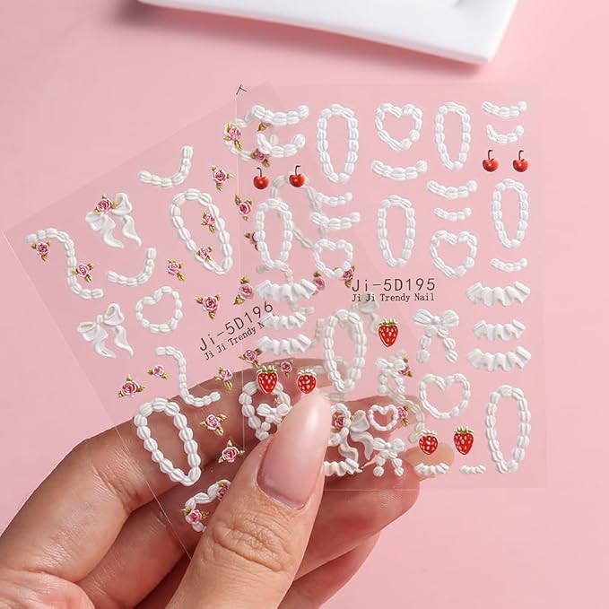 Cake Cream 5D Embossed Nail Art Stickers, 4 Sheets Cute Cream Chain Pleated Skirt Edge French Nail Decals Strawberry Cherry Rose Heart Self Adhesive DIY Nail Supplies for Women Girls