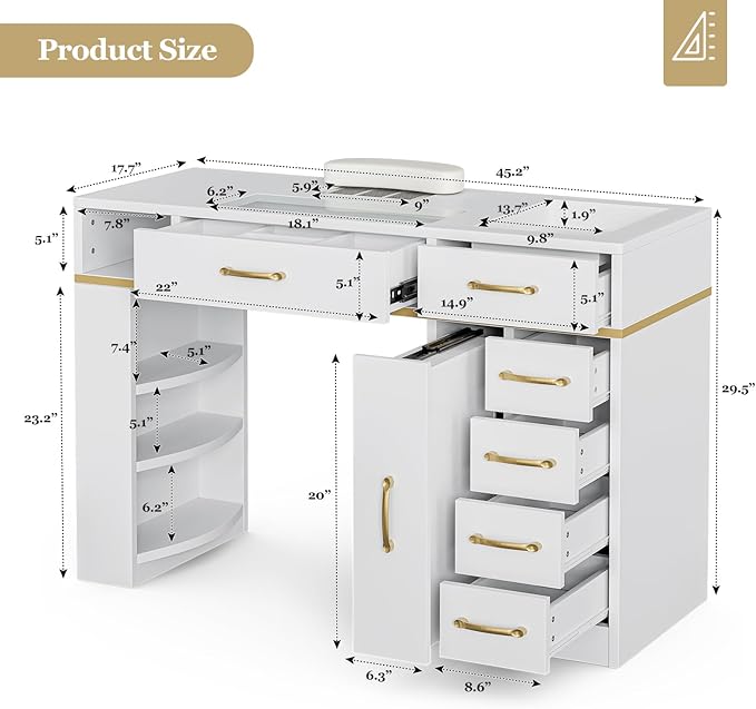 Paddie Manicure Table with Dust Collector, Glass Top Nail Tech Table Nail Desk Station w/7 Storage Drawers & 3-Tiers Open Shelves, Nail Beauty Workstation w/Wrist Cushion & Golden Handles(White Color)