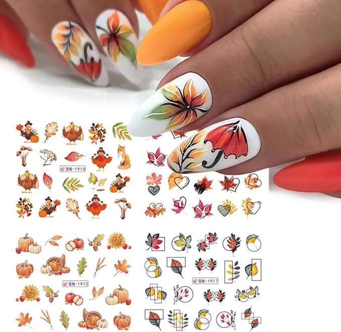 12 Pcs Fall Nail Art Stickers Maple Leaves Nail Art Water Transfer Decals Autumn Thanksgiving Turkey Pumpkin Design Nail Foil Stickers Fall Nail Supplies for Women Acrylic DIY Manicure Decorations