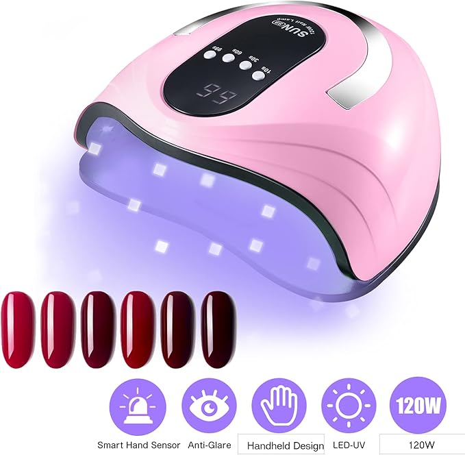 UV Gel Nail Lamp 120W LED Nail Light Fast Nail Dryer for Gel Polish Curing with 4 Timers Portable Handle Large Space Automatic Sensor(Pink)