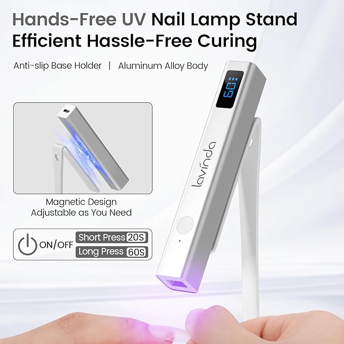 Lavinda Handheld UV Light for Gel Nails with Stand, Mini Nail Lamp with LCD Display, Portable Cordless Rechargeable UV Led Nail Lamp Nail Dryer for Fast Curing Gel Polish for Home DIY Manicure