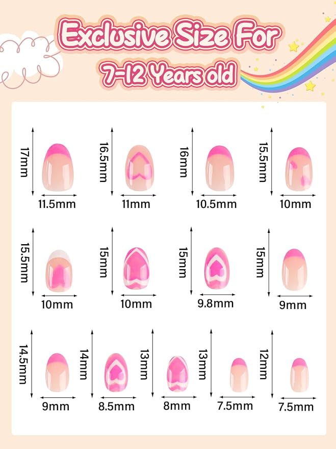 EBANKU 26 Pcs Press on Nails for Kids, Pink Heart Fake Nails for Girls 5-12 Years False Nails Kit with Nail Glue, Short Full Cover Press on Nails Tip for Child
