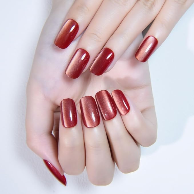 Red Cat Eye Press on Nails Medium Square, Medium Square Press Glue on Nails Chrome for Women Gift, Red Holographic Glitter Glossy Reusable Soft Gel Acrylic Fake Nail with Designs Cateye Effect