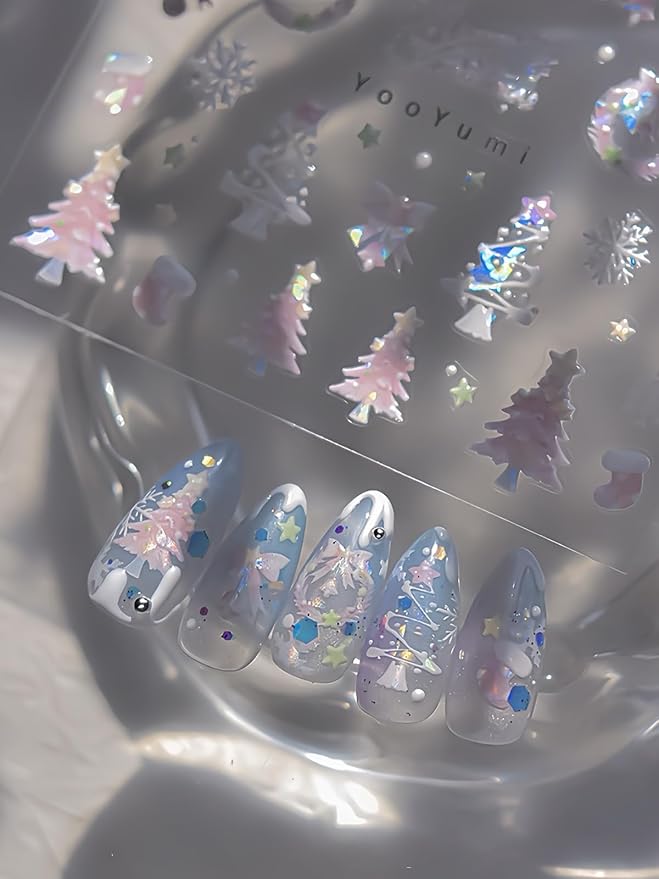 SoftSoul Pink Christmas Nail Stickers - 5D Embossed, Premium Salon-Quality, Easy Application, Self-Adhesive Xmas Tree Lights Decals for DIY Manicure Nail Art, Press on, Home or Salon Use