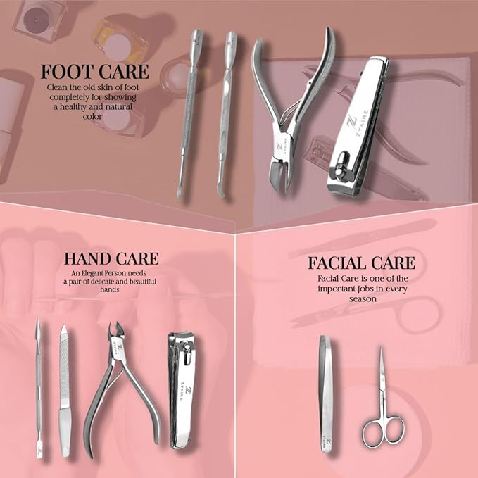 Manicure Pedicure Set - 10-in-1 Stainless Steel Grooming Kit, Personal Care Tools, Nail Nipper, Cuticle Cutter, Scissors, Tweezers, Blackhead Remover, Nail File & Case (Black)