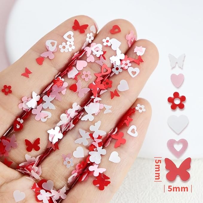 Valentine's Day Nail Art Glitters Sequins, 3 Boxes Holographic Hearts Nail Art Flakes Red Heart Glitter Sticker Decals Mixed Color Hearts Nail Sequins for Manicure DIY Decorations 36 Styles
