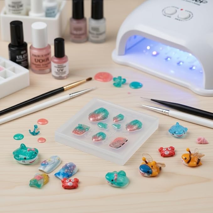 3D Sea Creature Nail Art Molds - DIY Resin/Gel Nail Charms Making Kit, Cute Shark, Crab, Seashell & Ocean Theme Decorations for Manicure