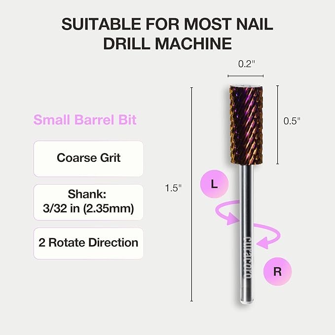 Curacoro Nail Drill Bits 3/32'' - Small Barrel Carbide Bit (Coarse) for Professional Finish, Precisely Remove, Shape & Smooth Acrylic or Gel Nails, Nail Art Pedicure Manicure Salon & Home