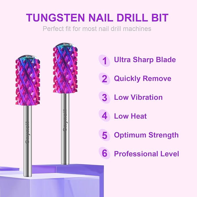 3/32" 2PCS Large Barrel Smooth Round Top Tungsten Carbide Nail Drill Bit Safety Bit for Gel & Acrylic Removal, 2-Way Rotating Efile Tip, Salon Electric File Accessory (4XC Grit, Purple)