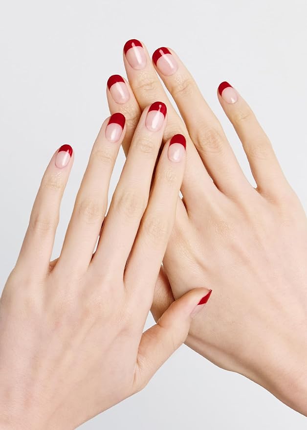 ohora Semi Cured Gel Nail Strips (N Ruby French) - Red, French, Works with Any UV/LED Lamps, Salon-Quality, Long Lasting, Easy to Apply & Remove - Includes 2 Prep Pads, Nail File & Wooden Stick