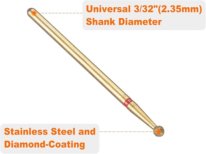 HARFINGTON 6pcs 200-230 Grits Diamond Grinding Bit 2.5mm Ball Head 2.35mm Shank 2.5mm Length Titanium Plated Stone Sanding Drill Bits Rotary Tool for Nails Grinding Polishing