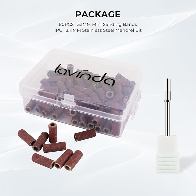 Lavinda Small Sanding Bands Nail Drill Bit, 80 Piece Extra Fine Sanding Bands for Nail Drill with 3.1mm Mandrel Bit for Acrylic Nails Gel Removing Shaping Polishing Nail Salon Use (240 Grit, Brown)