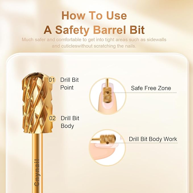 3/32" Large Barrel Smooth Round Top Tungsten Carbide Nail Drill Bit Safety Bit for Gel & Acrylic Removal, Right-Way Rotating Efile Tip, Salon Electric File Accessory (5XC Grit, Gold)
