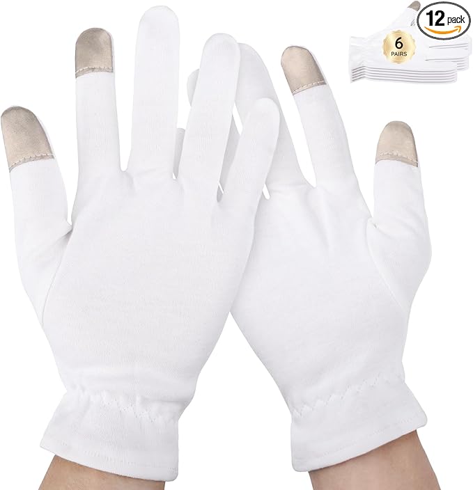 Segbeauty 12 Count Moisturizing Gloves with Touchscreen Fingers, Cotton Glove Liners with Elastic Band for Sleeping Overnight, White Cotton Glovesfor Men and Women, Work Gloves for Coin Handling Large