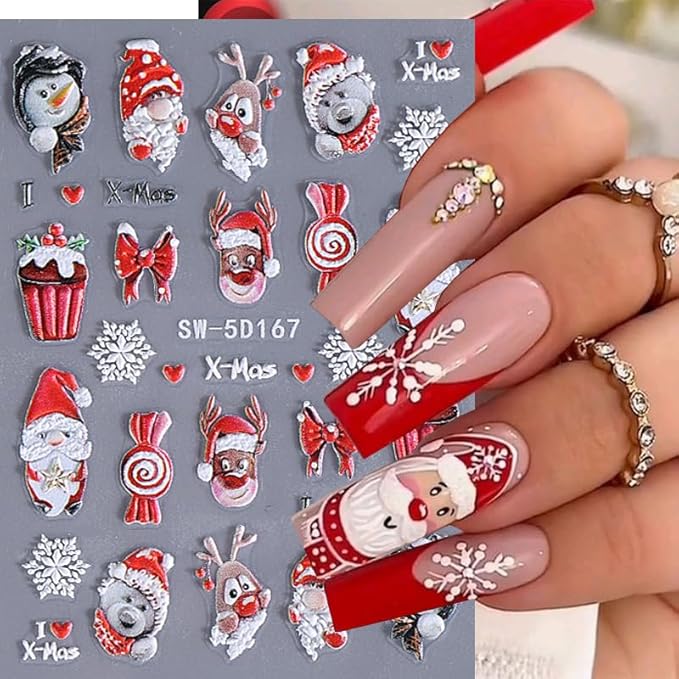 Christmas Nail Stickers 5D Embossed Christmas Tree Nail Art Stickers Winter Santa Claus Nail Decals Self Adhesive Xmas Nail Design Sticker Cute Nails Decoration for Women Manicure Accessories 2Pcs