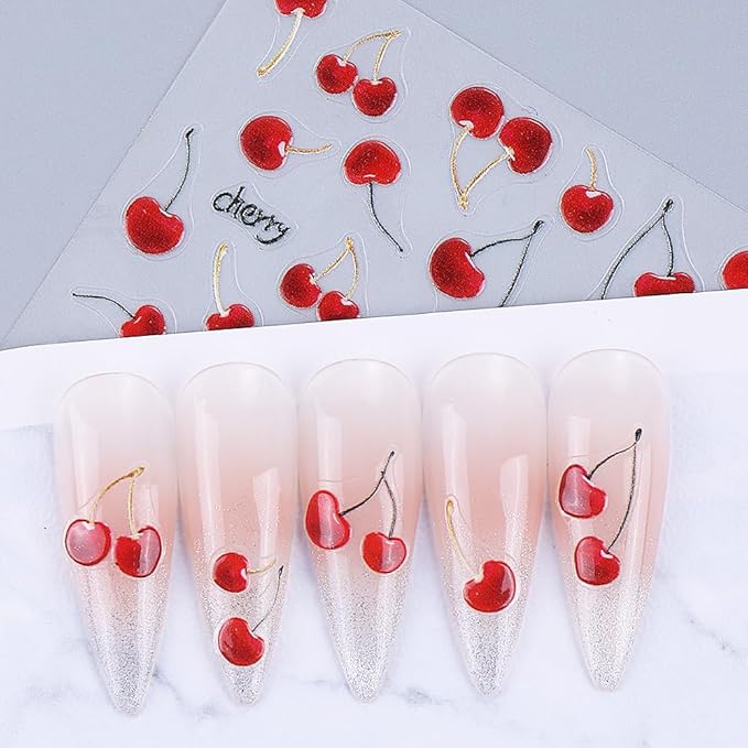 Cherry Nail Art Stickers Decals Summer Fruit Cherry 5D Embossed Nail Decals 3PCS Self-Adhesive Cherries Design Summer Stickers for Nails Art Decorations Supplies Manicure Sliders Accessories for Women