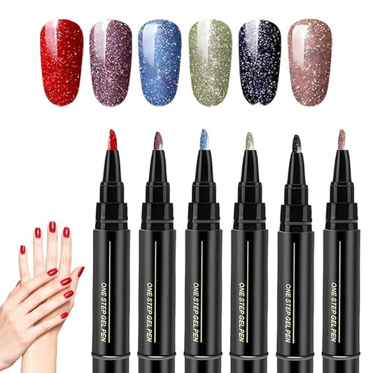 6 Colors Nail Art Pens Set, 3 in 1 Nail Polish Pens Quick Dry, One Step Nail polish Gel Pen, Salon Quality Nail Art Pen for Women (C)