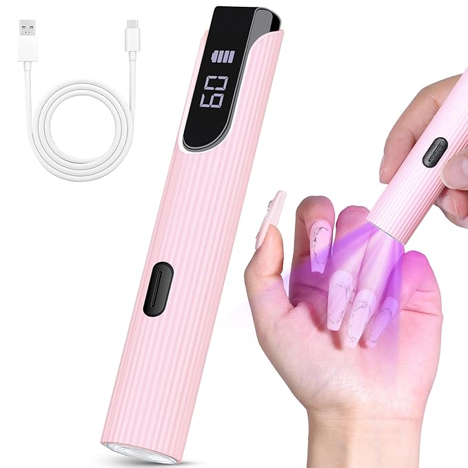 Handheld UV Light for Gel Nails, Pink Mini UV Light for Nails Cordless Mini Nail Lamp Rechargeable with Led Display Lamp for Rhinestone Glue Decoration DIY at Home (Pastel Pink)
