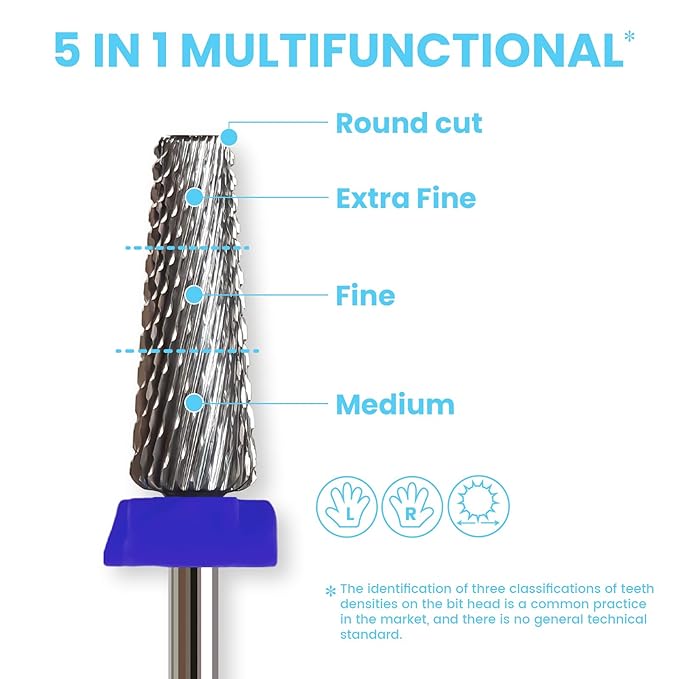 16mm 5 in 1 Tapered Barrel Nail Drill Bits, 3/32'' Safety Tungsten Carbide Bits, Right & Left Rotation, Manicure Cuticle Gel Acrylic Removal Polishing, Technicians Bits, Medium.