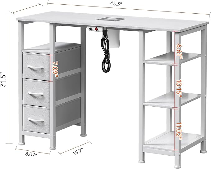 Nail Desk for Nail Tech w/Electric Dust Collector, Manicure Table w/3 Storage Drawers & 3 Open Shelves for Beauty Salon Tech Station