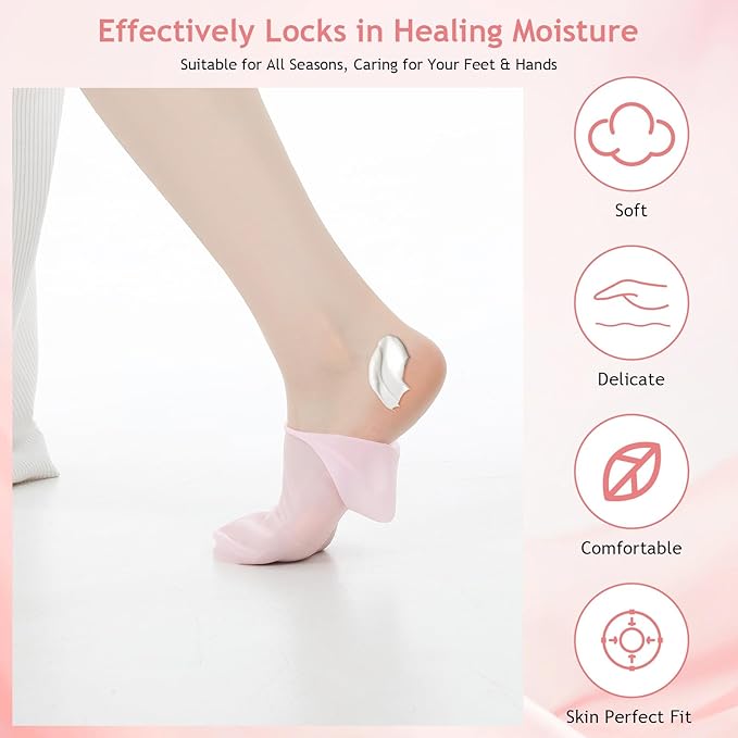 4Pairs Silicone Socks Gloves Set for Dry Cracked Feet and Hands, Anti Slip Soft Feet Moisturizer Socks Moisturizing Gloves for Softening, Care After Pedicure (Pink, Nude)