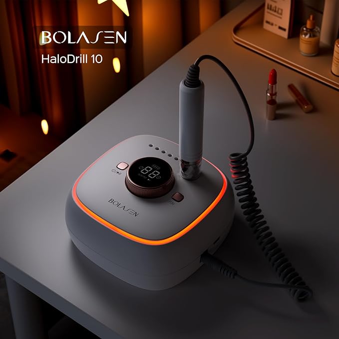 Professional Cordless Nail Drill 40000RPM Brushless - 7800mAh Rechargeable Electric Nail File for Acrylic Gel Nails, Fast Removal, Auto Start-Stop, Salon Use - BOLASEN HaloDrill 10