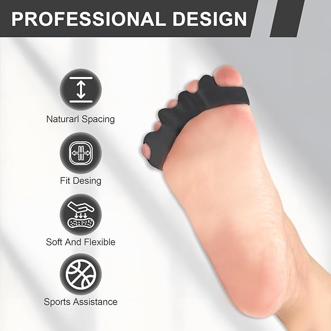 Toe Spacers for Women and Men, Corrector Toe Separators - Gel 4 - Hole Spacers for Overlapping Toes & Foot Alignment (1 Pair, Black)