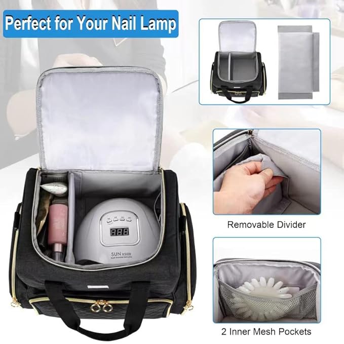 Nail Polish Organizer Holds 80 Bottles and a Nail Lamp,Nail Polish Carrying Case with 2 Removable Bags,Nail Organizers and Storage for Nail Tech,Portable Nail Polish Holder for Nail Supplies,Black