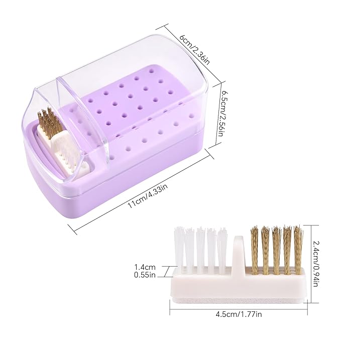 2 in 1 Nail Drill Bit Holder & Nail Drill Bit Cleaner Brush Case 30 Holes Dustproof Nail Drill Bit Display Stand Organizer Box Manicure Drill Bits Cleaning Brush Bits Storage Tool, White