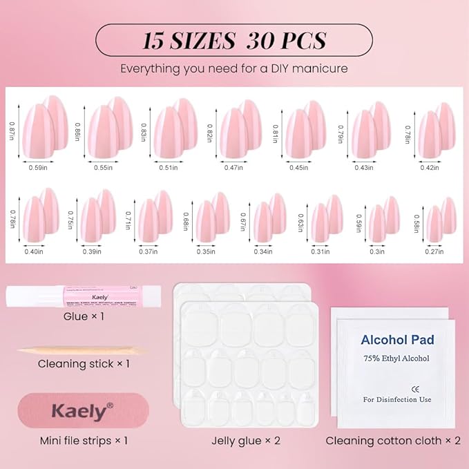 Press on Nails Short Almond - Nude Pink Chrome Glazed Glossy Press on Nail Tips Glue On Nails with Nail Glue for Gift, Reusable Stick On Nails in 15 Sizes 30 Full Cover Acrylic Soft Gel Fake Nails Kit