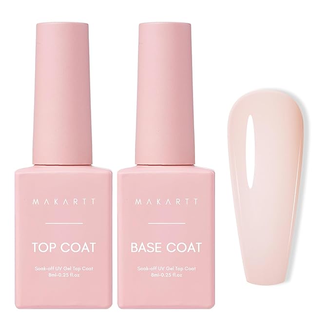 Makartt Rubber Base and Top Coat Gel Nail Polish Set: Includes Pale Petal Base Gel Polish and Long-Lasting Clear No Wipe Top Coat UV LED Lamp Needed (2PCS x 8ML)