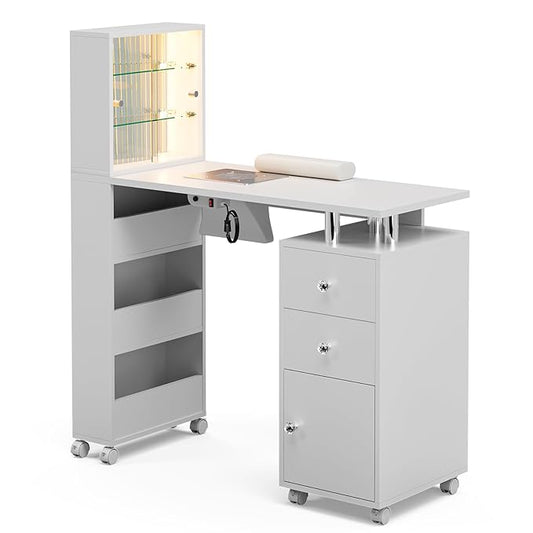 Paddie Manicure Table Nail Table with LED Light, Glass Shelf Door Nail Desk with Dust Collector & Wrist Cushion, Nail Salon Station with 2 Drawers & Cabinet for Technician Workstation(White-New)