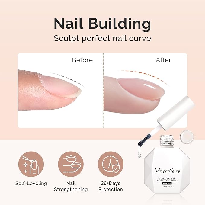 MelodySusie Hema Free Clear Builder Nail Gel for Nails Thickening, Tpo Free, 0.5 Fl Oz, Soak Off UV Extension Gel, Nail Art Design Salon DIY Manicure at Home for Women