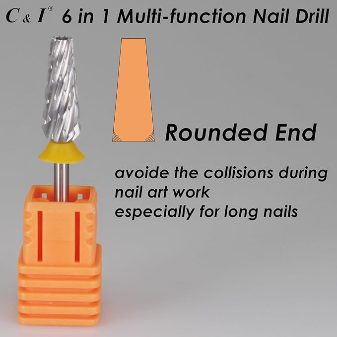 C & I Nail Drill Bit 6 in 1 Multi-function Rounded End E File, Tungsten Steel CNC Overall Cutting, Manicure Tool for Nail Tech Quick Remove Nail Gels, Acrylic Nails (Original, Double Coarse -XXC)