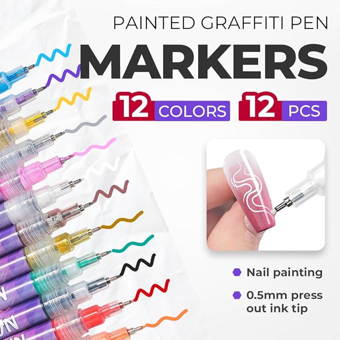 12 Color 3D Nail Art Pens Set, Nail Art Pens for Painting Nails Art Markers for Gel Nails