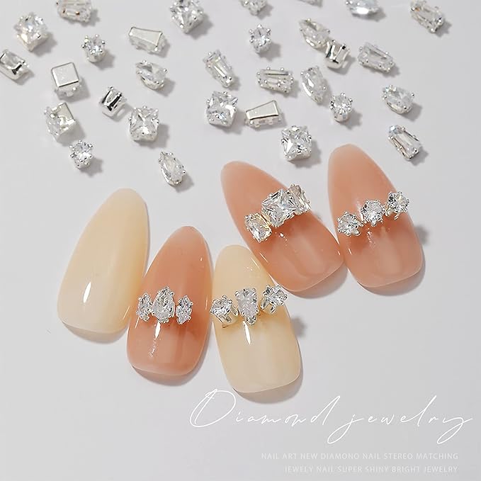 HNUIX 3D Nail Charms and Gems - 120Pcs Copper Metal Zircon, Silver Multiple Shape Smal Crystals Rhinestones, Nail Decorations Accessories for Nails Design
