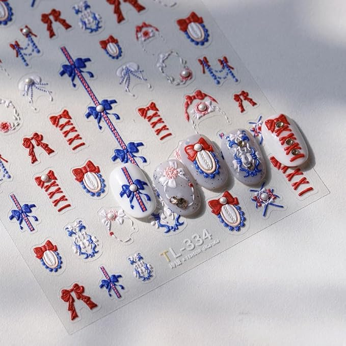 5D Embossed Bows Nail Stickers, Pearl Nail Art Sticker Self-Adhesive Nail Decals for Women Red and Blue Nail Supplies Art Design Stickers (1, Red and Blue)