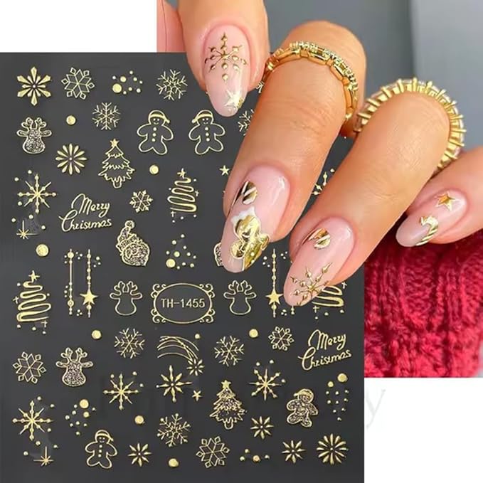 Christmas Nail Art Stickers 3D Gold Crystal Ball Snowflake Tree Christmas Nail Stickers 6PCS Candy Cane Cute Elk Self-Adhesive Xmas Nail Decals Sliders New Year Holiday Nail Art Supplies for Women