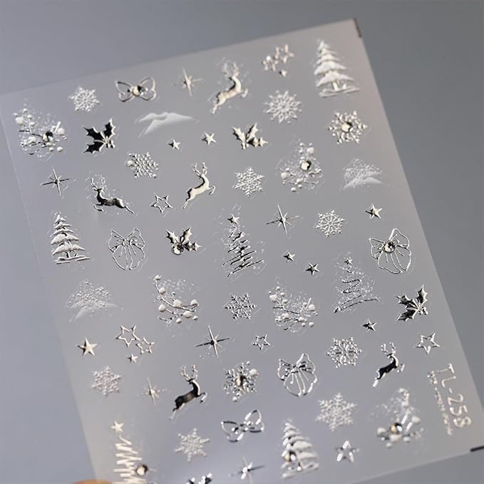 Christmas 5D Embossed Nail Art Stickers - Silver Xmas Decals With Christmas Tree, Snowflake, Elk Designs - Self Adhesive Winter Nail Supplies and Decorations for Women