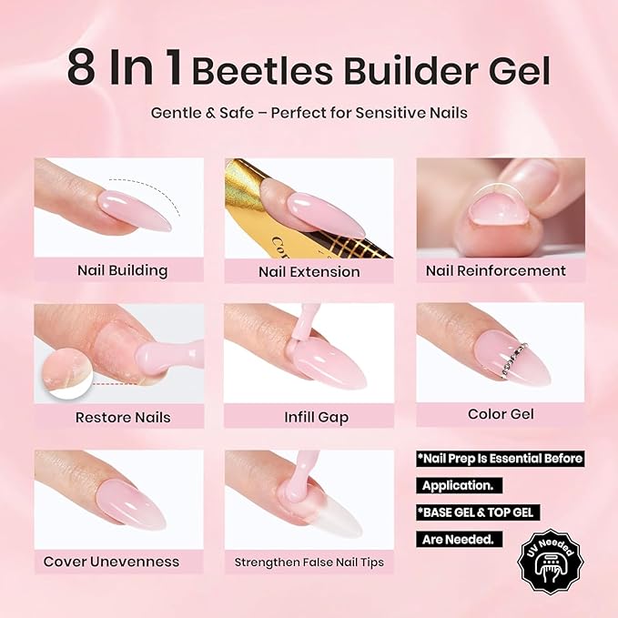 Beetles Builder Gel for Nails HEMA-Free, 0.51 oz 8 in 1 Jelly Pink Builder Nail Gel for Strengthening Nails & Building Nail Apex UV & LED Lamp Cured DIY Salon at Home for Beginners Women