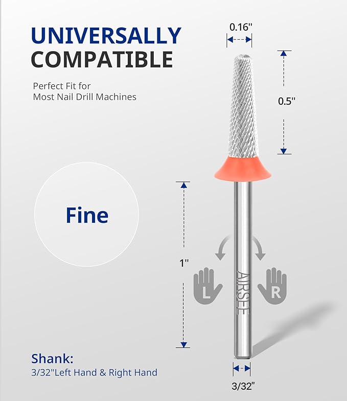 AIRSEE Tungsten Carbide Acrylic Nail Drill Bit Efile Electric File Machine Head Tip for Manicure Polishing Art Remove Gel 3/32" 2 Way Safety Use Ball Top Tapered Bit Cone Shape Fine-F